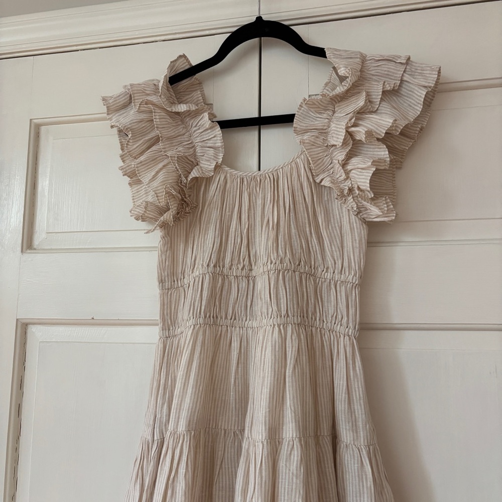 Ulla Johnson Rissa Dress Sand Linen Striped Ruffle Nap Midi Dress Size 2 Beach - Picture 11 of 16